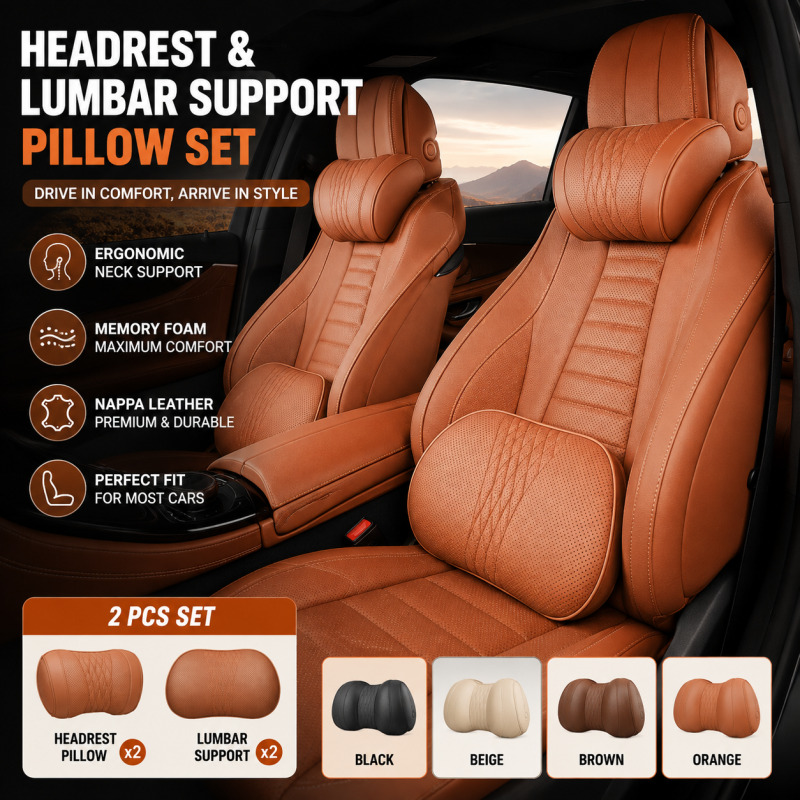 Memory Foam Car Neck Pillow Lumbar Support - Auto-Kopfstützen-Nackenkissen aus Memory-Schaum, Lendenstützkissen aus Nappaleder,